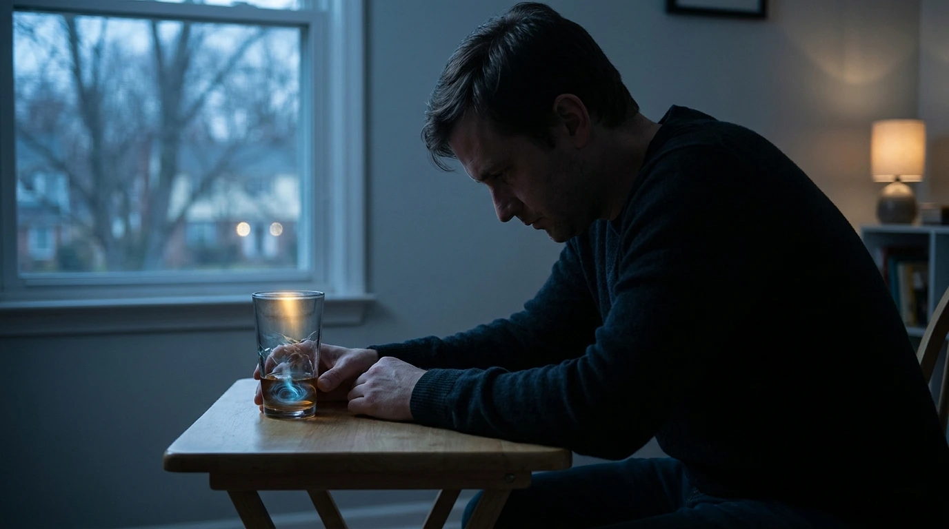 person struggling with alcoholism sitting alone looking at a glass representing stages of alcohol use disorder treatment, Gaithersburg, Maryland